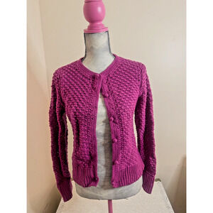 LL Bean Vintage Magenta Pink Open Knit Wool Angora Blend Cardigan Sweater